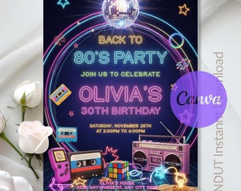 80s Birthday Invitation,Back To 80s Party,80s Party Invitation,Retro Vintage invitation 80s,90s Any Age,Instant Download,Editable,Canva