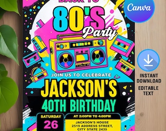 80s Birthday Invitation,80s Birthday,Back To The 80s,Retro Birthday Party,40th Birthday Any Age,Instant Download,Editable,Canva Template