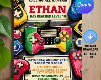 ビデオゲームの誕生日招待状、ビデオゲームパーティー、ゲームの誕生日招待状、レベルアップゲームの誕生日パーティー、即時ダウンロード、編集可能、Canva
