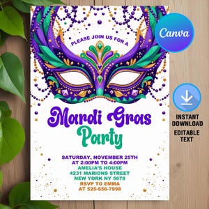 May include: A Mardi Gras party invitation with a purple, green, and gold mask with beads. The text reads "Please join us for a Mardi Gras Party" and includes the date, time, location, and RSVP information.