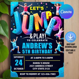 Puede incluir: Una colorida invitación de cumpleaños con las palabras "LET'S JUMP & PLAY!" y "ANDREW'S 5TH BIRTHDAY." El diseño presenta niños saltando, un logotipo de Canva y un icono de descarga instantánea.