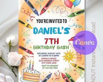 Crayon Birthday Invitation,Crayon Art Birthday Party,Colorful Crayon Birthday Invite,Instant Download,Editable,Canva Template