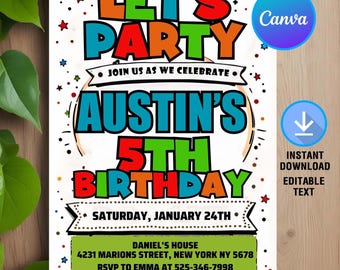 Simple Colorful Birthday Invitation,Colorful Invitation,Bright and Cheerful Party,Lets Party Invitation,Instant Download,Editable,Canva