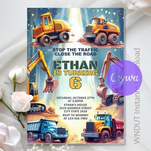Construction Birthday Invitation,Construction Invitation,Dump Truck Party,Excavator Invite,Instant Download,Editable,Canva Template