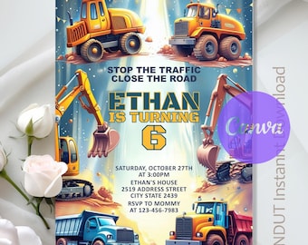 Construction Birthday Invitation,Construction Invitation,Dump Truck Party,Excavator Invite,Instant Download,Editable,Canva Template