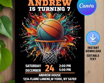 Basketball Birthday Invitation,Basketball Birthday Party,Basketball Invitation,Instant Download,Printable,Editable,Canva Template