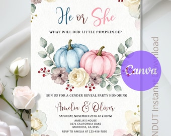 Pumpkin Gender Reveal Invitation,Floral Pumpkin Gender Reveal,He or She Pink and Blue Pumpkin Gender Reveal,Instant Download,Editable,Canva
