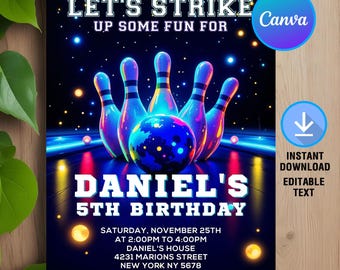 Bowling Birthday Invitation,Glow Bowling Invitation,Neon Bowling Party,Boy Bowling Party Invitation,Instant Download,Editable,Canva