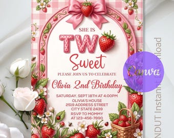 Strawberry Birthday Invitation,TWO Sweet Birthday Invitation,Pink Bow Gingham Strawberry 2nd Birthday,Instant Download,Editable Text Canva