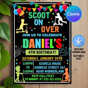 Scooter Invitation,Scoot On Over,Scooter Birthday,Scooter Birthday Party,Scooter Birthday Invite,Instant Download,Editable,Canva Template