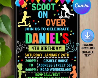 Scooter Invitation,Scoot On Over,Scooter Birthday,Scooter Birthday Party,Scooter Birthday Invite,Instant Download,Editable,Canva Template