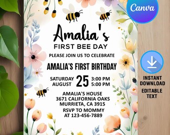 Bee First Birthday Invitation,Bee Birthday Invite,Sweet To Bee One Birthday,Bee Day Party,Cute Bee Party,Instant Download,Editable,Canva
