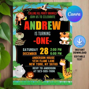 Safari Birthday Invitation,Party Animals Invitation,Jungle Birthday Invitation,Animals Birthday,Instant Download,Editable,Canva Template