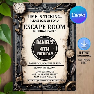 Escape Room Birthday Invitation,Mystery Birthday Party,Detective Game Night,Escape Room Party,Instant Download,Editable,Canva