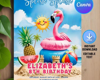 Invitación de cumpleaños para fiesta en la piscina, invitación para fiesta en la piscina en la playa, fiesta de natación, fiesta de cumpleaños de verano, descarga instantánea, editable, Canva