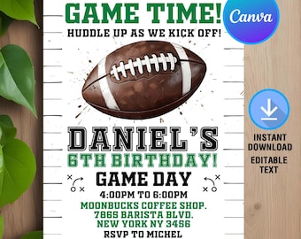 May include: A white and green football-themed birthday party invitation with a brown football graphic. The invitation says "It's Game Time!" and "Daniel's 6th Birthday!" with the text "Game Day" in green. The invitation includes the time and location of the party, as well as an RSVP number.