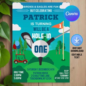 Hole In One First Birthday Invitation,Golf First Birthday,Hole In One Invitation,Golf Birthday Invite,Instant Download,Editable,Canva