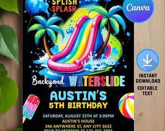 May include: A vibrant invitation for a backyard waterslide birthday party. The design features a colorful waterslide, palm trees, and balloons against a black background. Text includes party details and the phrase "Splish Splash."