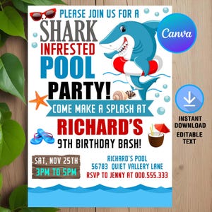 Shark Pool Party Birthday Invitation,Shark Birthday Invitation,Shark Invitation,Pool Party Invitation,Instant Download,Editable,Canva