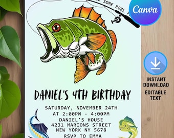 Fishing Birthday Invitation,Fishing Birthday Party,Fishing Invitation,Fish Birthday,Reel in the Fun,Instant Download,Editable,Canva Template