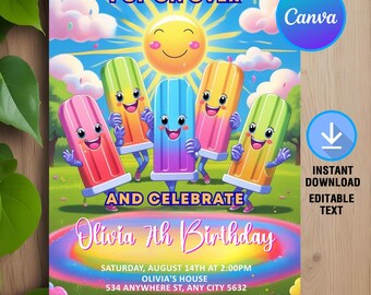 Popsicle Birthday Invitation,Popsicle Invitation,Summer Party,Pool Party,Ice Cream Birthday Party,Instant Download,Editable,Canva Template