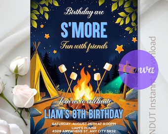 Invitación de cumpleaños de camping, fiesta de cumpleaños divertida de camping con Smore, fiesta de camping en el patio, cumpleaños de fogata, editable, plantilla de Canva