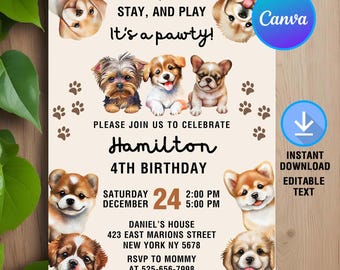 Cute Dog Birthday Invitation,Dog Birthday Party,Puppy Invite,Dog Invitation,Puppy Pawty Invite,Instant Download,Editable,Canva Template