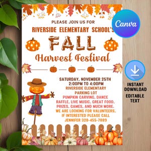 Erntedankfest-Einladung, Herbstfest-Flyer-Einladung, Herbstfest der Kirche, Kirche, Schule, Kürbisse, Sofort-Download, bearbeitbar, Canva