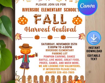 Fall Harvest Festival Invitation,Fall Festival Flyer Invite,Church Fall Festival,Church School Pumpkins,Instant Download,Editable,Canva