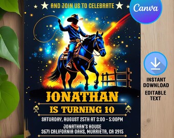 Cowboy verjaardagsuitnodiging, cowboy rodeo verjaardagsuitnodiging, retro wilde westen uitnodigen, cowboy uitnodiging, instant download, bewerkbaar, canvassjabloon