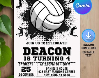 Volleyball Birthday Invitation,Volleyball Invitation,Volleyball Birthday Party,Sport Invite,Instant Download,Editable,Canva Template