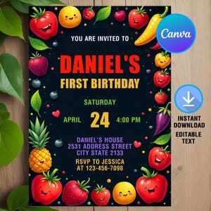 Hey Bear Sensory Dancing Fruit Birthday Invitation,Fruit Birthday Invitation,Hey Bear Invite,Instant Download,Editable,Canva