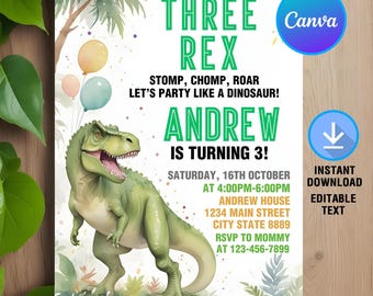 Three Rex Invitation,Three Rex Dinosaur Invitation,Dinosaur Three Rex Party,Dino Invite,Instant Download,Printable,Editable,Canva Template