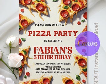 May include: A pizza party invitation with a watercolor style. The invitation features pizza slices with pepperoni and green basil leaves. The text reads "Please join us for a Pizza Party to celebrate Fabian's 5th Birthday."
