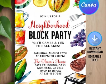 Neighborhood Block Party Invitation,BBQ Party Invitation,Neighborhood Invite Block Party,Block Party Invite,Instant Download,Editable,Canva