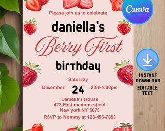 Berry First Birthday Invitation,Berry First Birthday Invite,Berry Birthday Invitation,Strawberry Invite,Instant Download,Editable,Canva