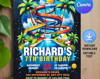 May include: A vibrant birthday invitation featuring a water slide design. The invitation includes the text "Richard's 7th Birthday" with event details: Saturday, August 24th, 2:00 PM to 4:00 PM. The design includes palm trees, a pool, and beach balls.