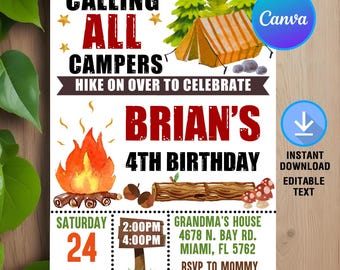Camping Camper Invitation,Campng Birthday Invitation,Camping Party Invitation,Instant Download,Printable,Editable,Canva Template