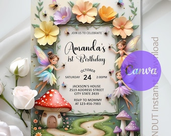 May include: A whimsical birthday invitation featuring the text "Amanda's 1st Birthday." The design includes fairies, flowers, butterflies, and a mushroom house. The invitation is set for October 24th at 2:00 PM.