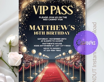 VIP Pass Red Carpet Birthday Party,Red Carpet Event Hollywood Invitation,VIP Pass Birthday Party,Instant Download,Editable,Canva
