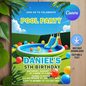 Pool Party Birthday Invitation,Pool Party Invite,Swimming Birthday,Summer Party,Waterslide Invite,Instant Download,Editable,Canva Template