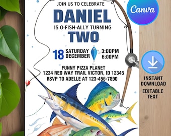 May include: A blue and white fishing-themed birthday invitation for a boy turning two. The invitation features a cartoon fishing rod with a blue and white lure, and a variety of colorful fish. The text on the invitation reads "Join us to celebrate Daniel is o-fish-ally turning two. Saturday, December 18, 3:00 PM - 6:00 PM. Funny Pizza Planet, 1234 Red Way Trail Victor, ID 12345. RSVP to Adelle at 123-456-7890."