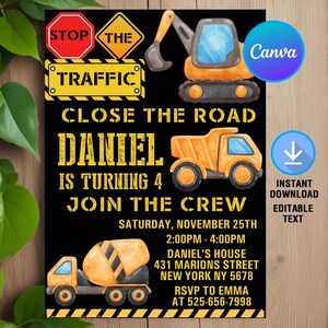 Convite de aniversário de construção, convite de construção, aniversário de construção, convite de caminhão basculante, download instantâneo, editável, modelo Canva