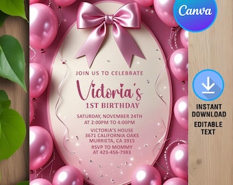 Coquette Pink Bow Birthday Invitation,Pink Bow Birthday Party,Pink Bow Invite,Pink Coquette Bow Party,Instant Download,Editable,Canva