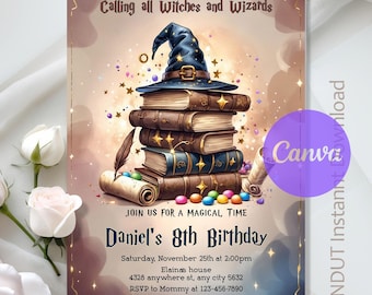 May include: A whimsical invitation for Daniel's 8th birthday, featuring a stack of antique books topped with a wizard's hat. The design includes the text "Calling all Witches and Wizards" and "Join us for a magical time."