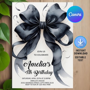Black Bow Birthday Invitation,Minimalist Black Bow Birthday,Black Ribbon Coquette Birthday Invite Any Age,Instant Download,Editable,Canva
