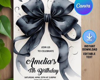 Convite de aniversário com laço preto, aniversário com laço preto minimalista, convite de aniversário com laço preto para qualquer idade, download instantâneo, editável, Canva