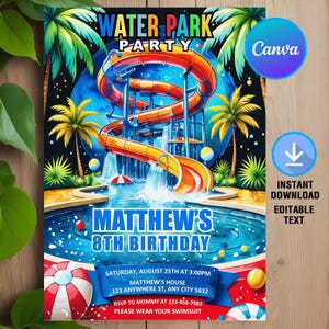 Invitación de cumpleaños para parque acuático, invitación para fiesta en parque acuático, fiesta de verano en la piscina, fiesta de cumpleaños con tobogán acuático, descarga instantánea, editable, Canva