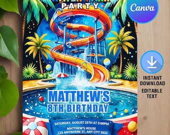 Invitación de cumpleaños para parque acuático, invitación para fiesta en parque acuático, fiesta de verano en la piscina, fiesta de cumpleaños con tobogán acuático, descarga instantánea, editable, Canva