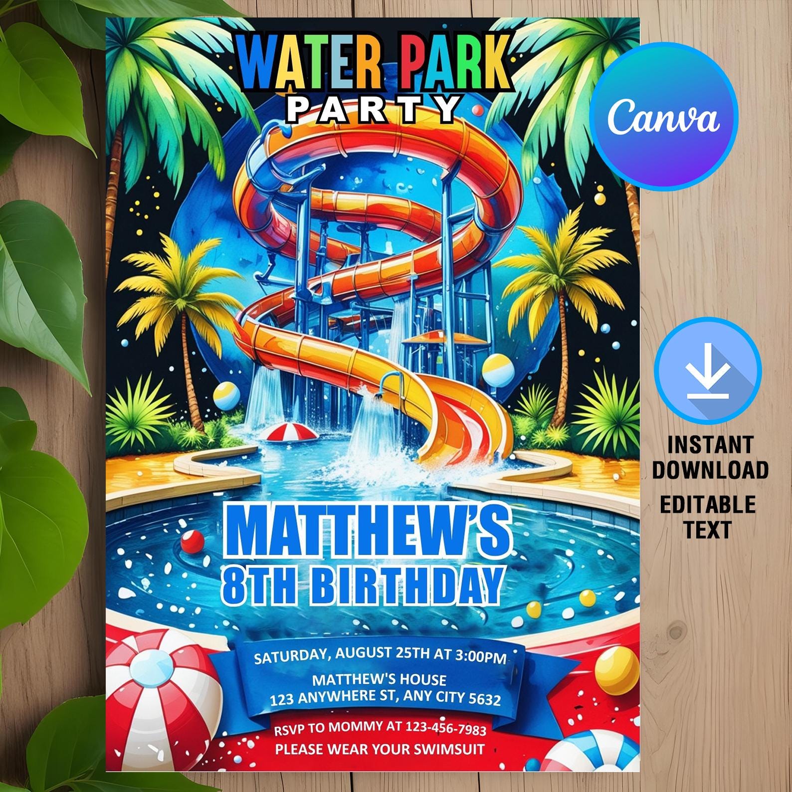 Water Park Birthday Invitation,Water Park Party Invitation,Summer Pool Party,Waterslide Birthday Party,Instant Download,Editable,Canva
